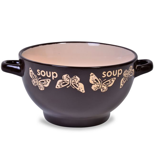 Bol pentru supa cu manere,ceramica,fluturi,650 ml