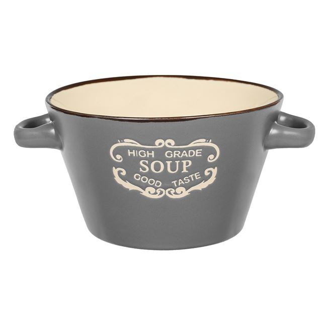 Oem Bol pentru supa cu manere,model liniar,ceramica,gri,500 ml