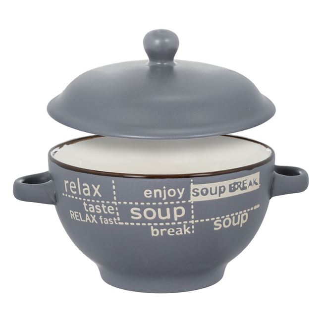 Bol supa cu capac si manere,ceramica,gri,600 ml [2]