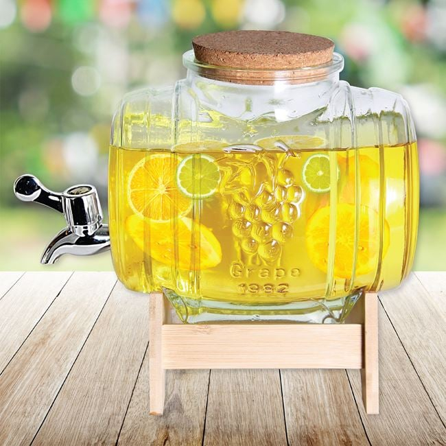 Borcan din sticla pentru limonada cu robinet, dop pluta si suport lemn,3 litri [1]