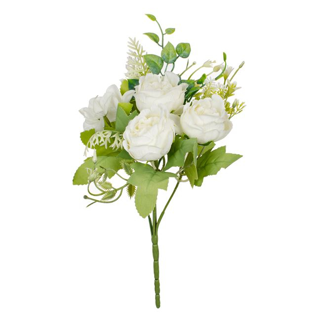 Buchet decorativ artificial cu flori albe,plastic,30 cm