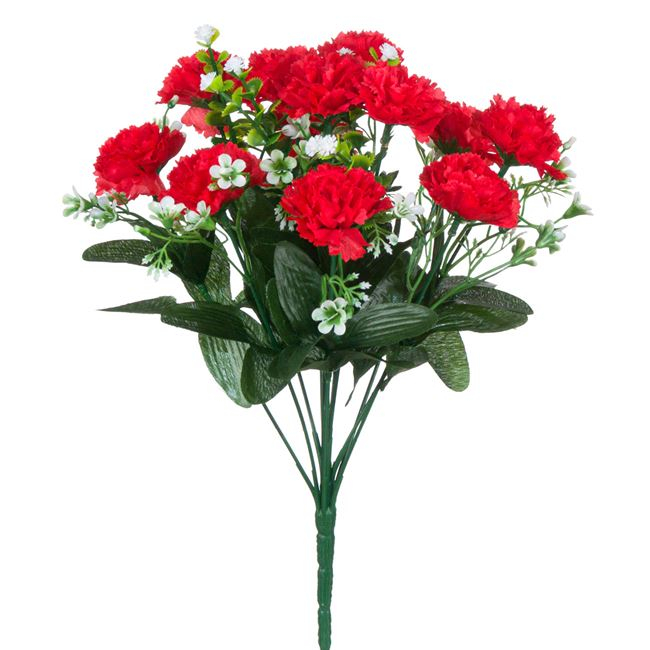 Buchet decorativ artificial cu flori garoafe rosii,plastic,35 cm