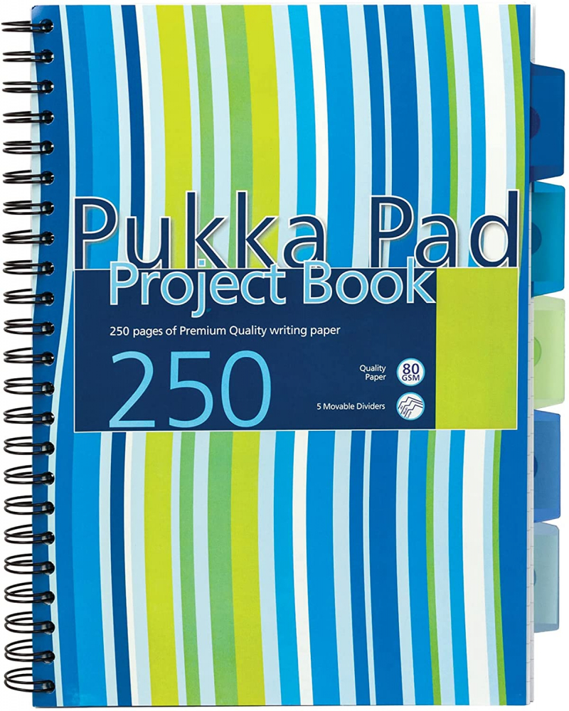 Caiet cu Spirala si Separatoare Pukka Pad Project Book Stripes A4, 250 Pagini Dictando, Coperta PP Intarita, Albastru