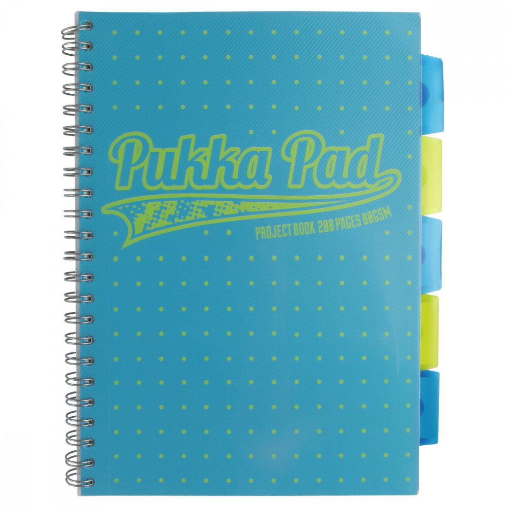 Caiet cu Spirala si Separatoare Pukka Pad Project Book Neon Dots A4, Dictando, 200 Pagini, Coperta Albastra