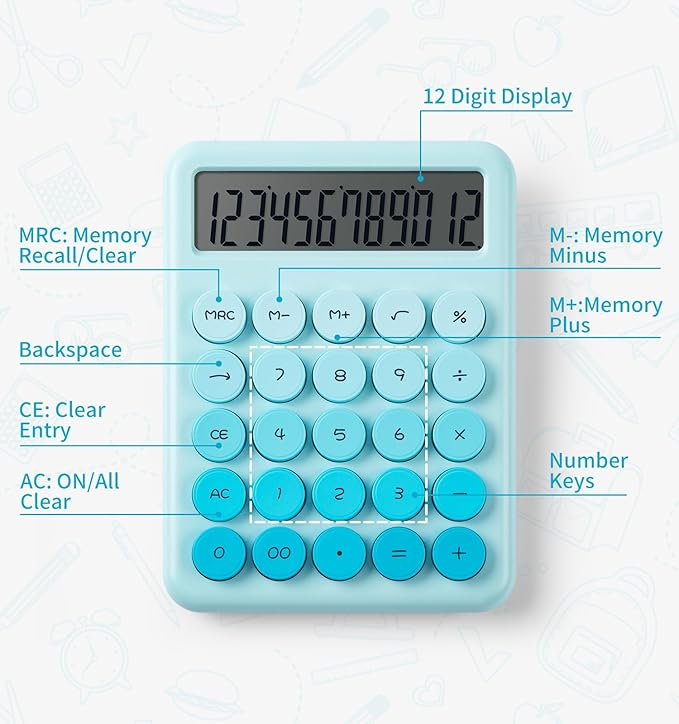 Calculator electronic cu afisare pentru scoala, birou, 12 digiti, albastru deschis,14.5x10.5 cm [5]