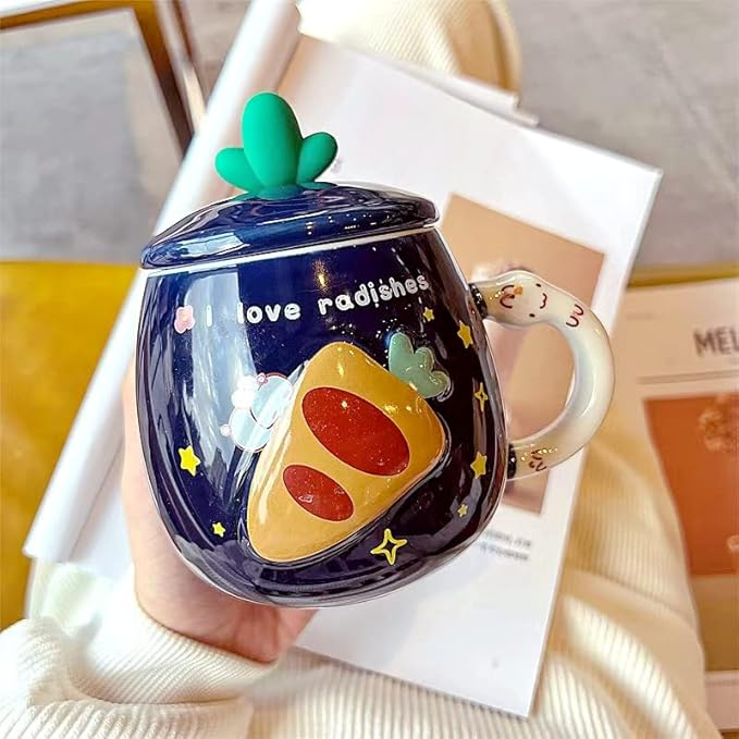 Cana cu capac si lingurita, design iepuras,albastru inchis,ceramica,500 ml [3]