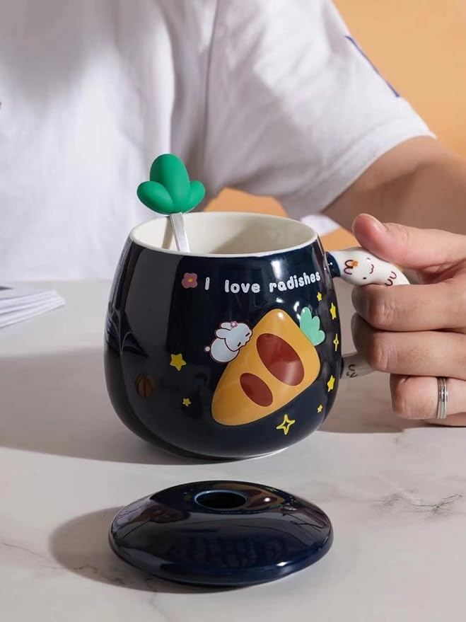 Cana cu capac si lingurita, design iepuras,albastru inchis,ceramica,500 ml [4]