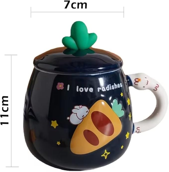Cana cu capac si lingurita, design iepuras,albastru inchis,ceramica,500 ml [2]