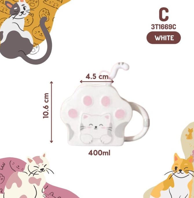 Cana cu pai reutilizabil, ceramica, pisicuta,400 ml,alb [3]