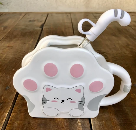 Cana cu pai reutilizabil, ceramica, pisicuta,400 ml,alb [1]