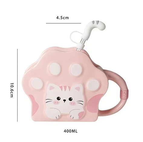 Cana cu pai reutilizabil, ceramica, pisicuta,400 ml,roz [5]