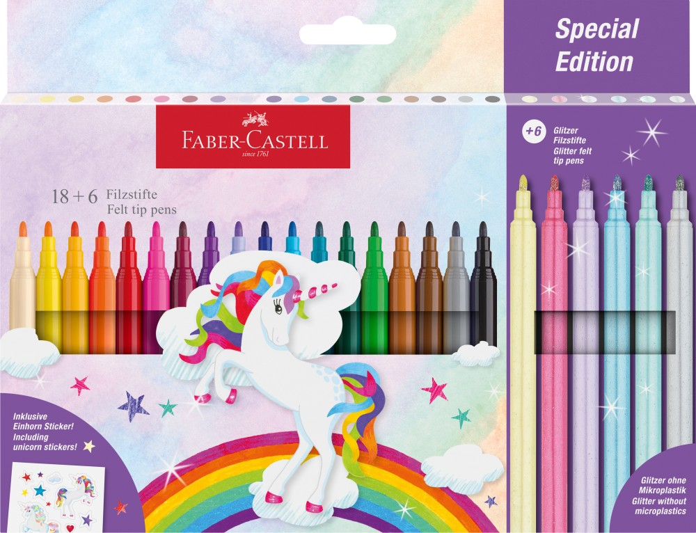 Carioci Faber-Castell Unicorni 18+6 culori, pastel cu sclipici