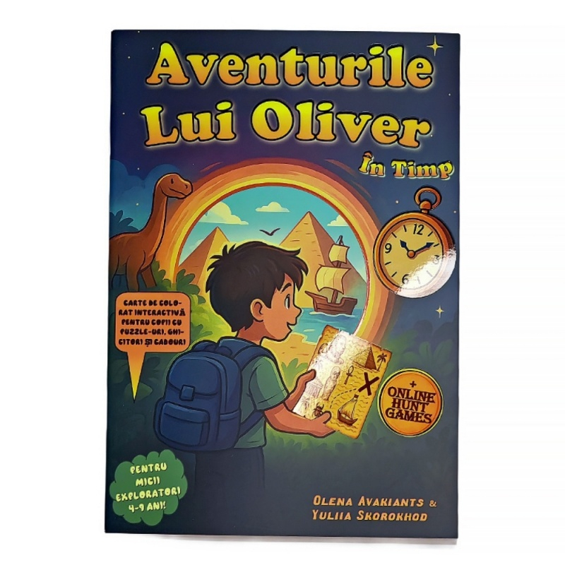 Carte interactiva de colorat A4 Aventurile lui Oliver in timp, jocuri si activitati educative, 4-9 ani