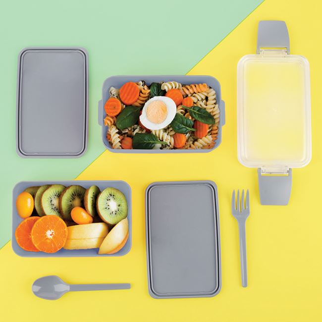 Caserola dubla cu capac si tacamuri incluse,albastru,plastic 0% BPA,900 ml [3]