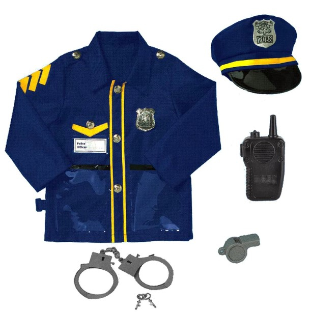 Costum politist cu jacheta, palarie, catuse, fluiere si statie din plastic, 3-6 ani
