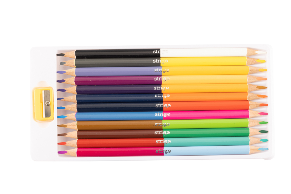 Creioane colorate duble, Strigo, 12 bucati, 24 culori, triunghiulare, cu ascutitoare [2]