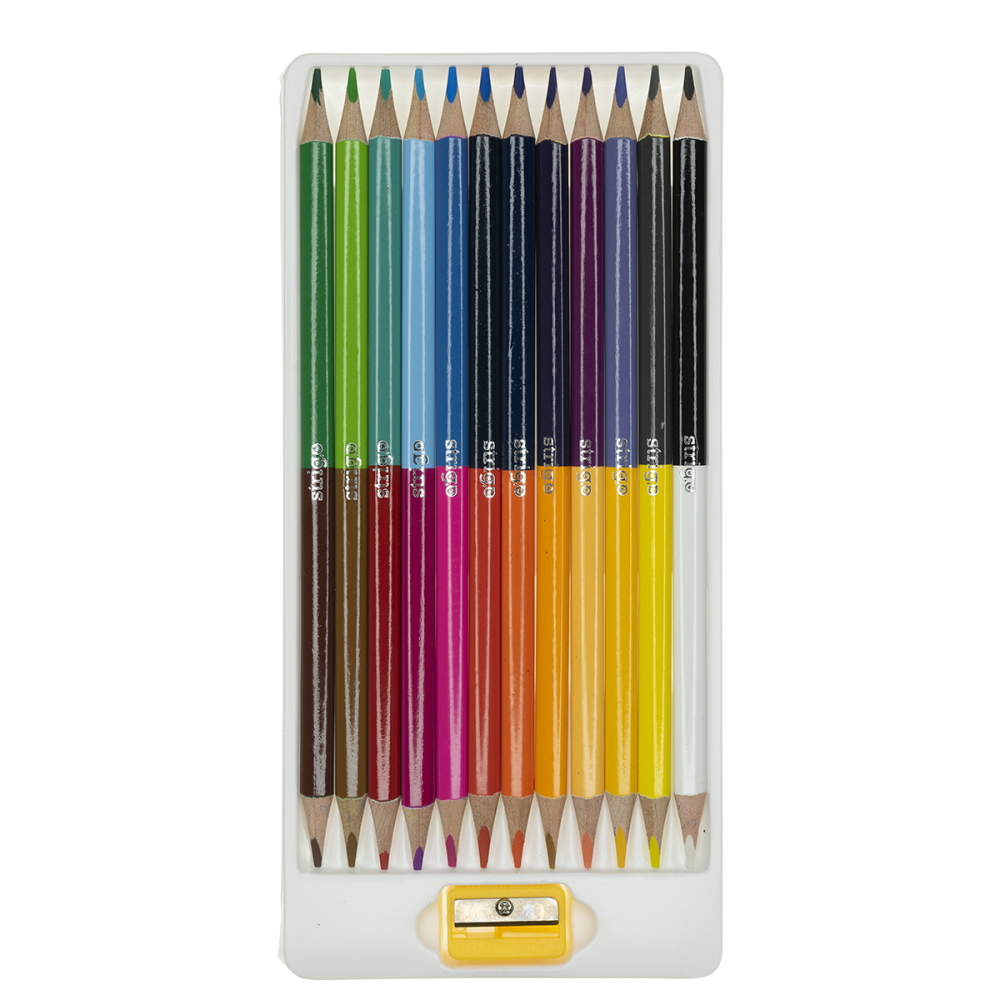 Creioane colorate duble, Strigo, 12 bucati, 24 culori, triunghiulare, cu ascutitoare [6]