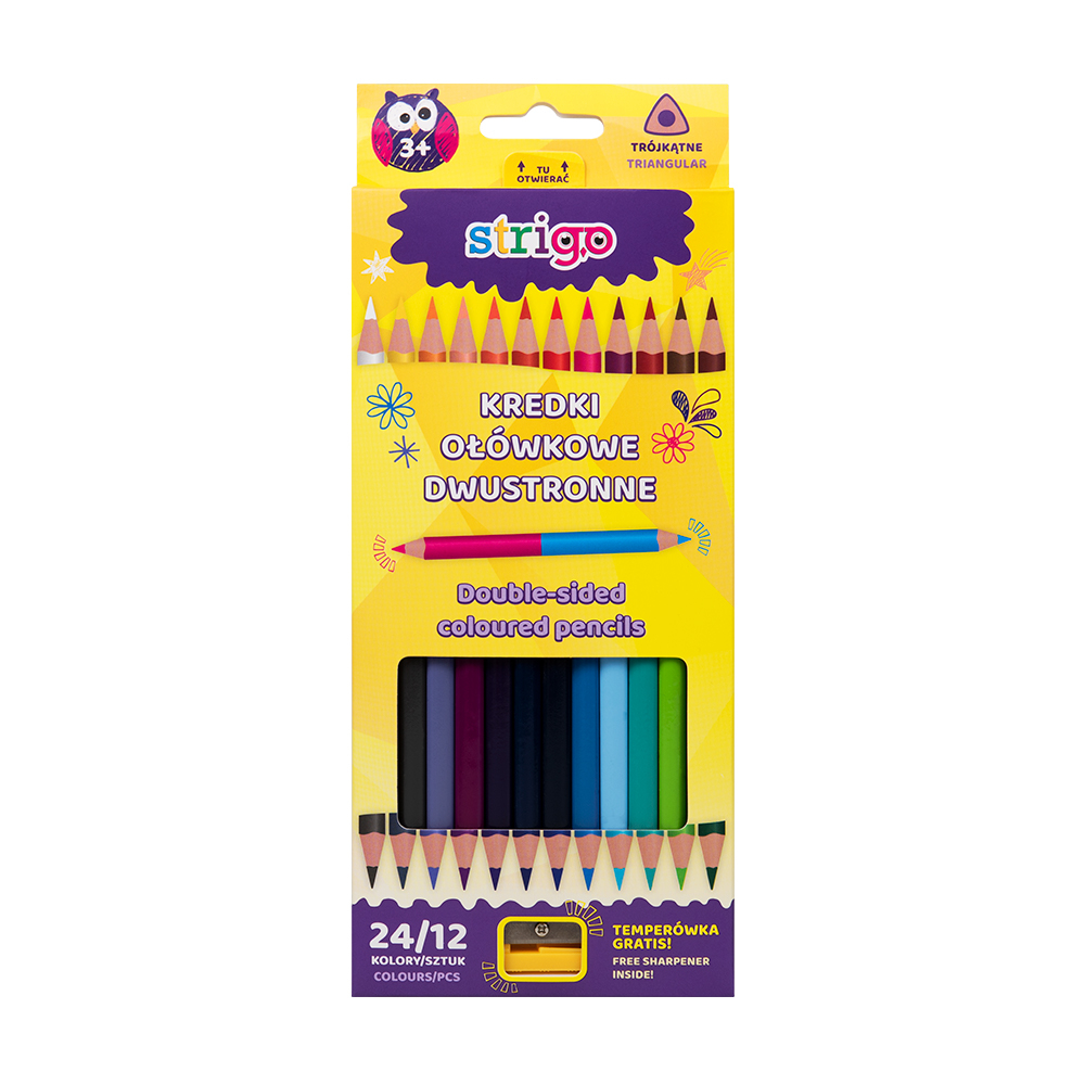 Creioane colorate duble, Strigo, 12 bucati, 24 culori, triunghiulare, cu ascutitoare [5]