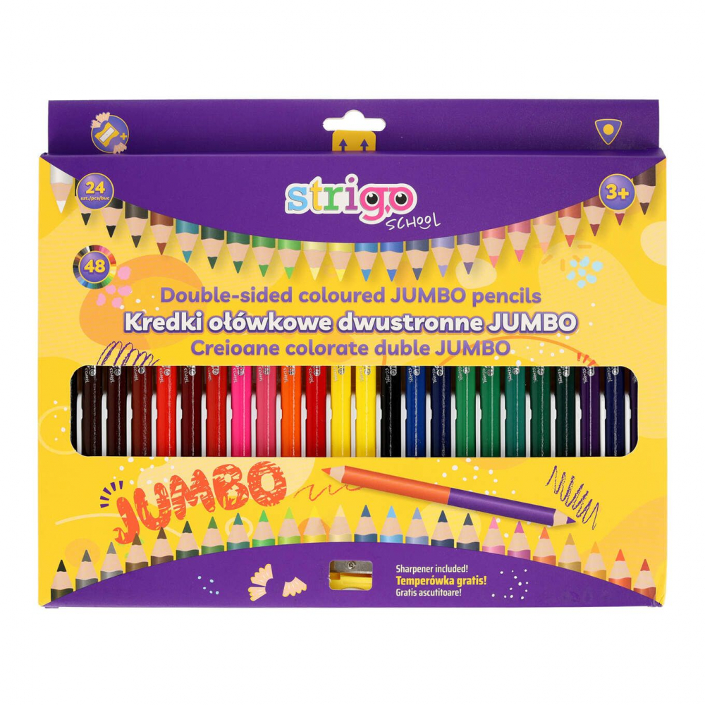 Creioane triunghiulare colorate duble Strigo Jumbo, 24 bucati, 48 culori, triunghiulare, ascutitoare inclusa