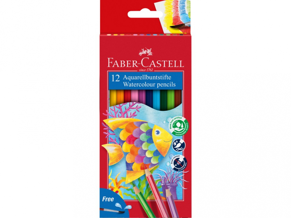 Creioane acuarela Faber-Castell 12 culori, hexagonale + pensula