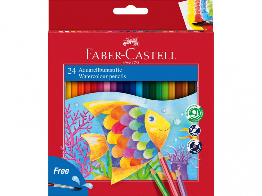 Creioane acuarela Faber-Castell 24 culori, hexagonale + pensula