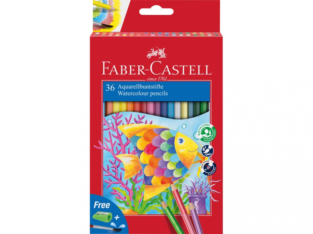 Creioane acuarela Faber-Castell 36 culori, hexagonale + pensula