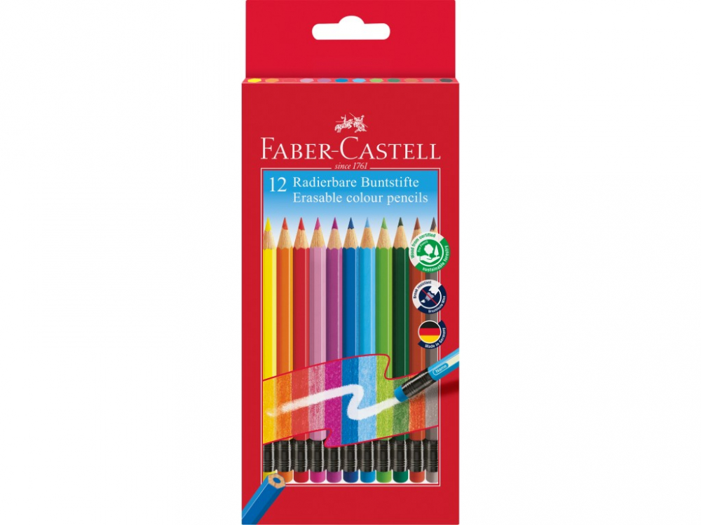 Creioane colorate Faber-Castell 12 set, hexagonale, cu guma eco