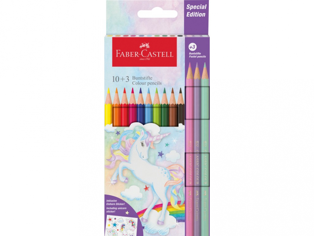 Creioane Faber-Castell Unicorni 10+3 set, hexagonale, cu stickere