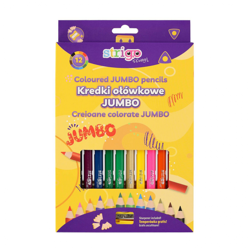 Creioane triunghiulare colorate Strigo, ascutitoare inclusa, 12 culori set