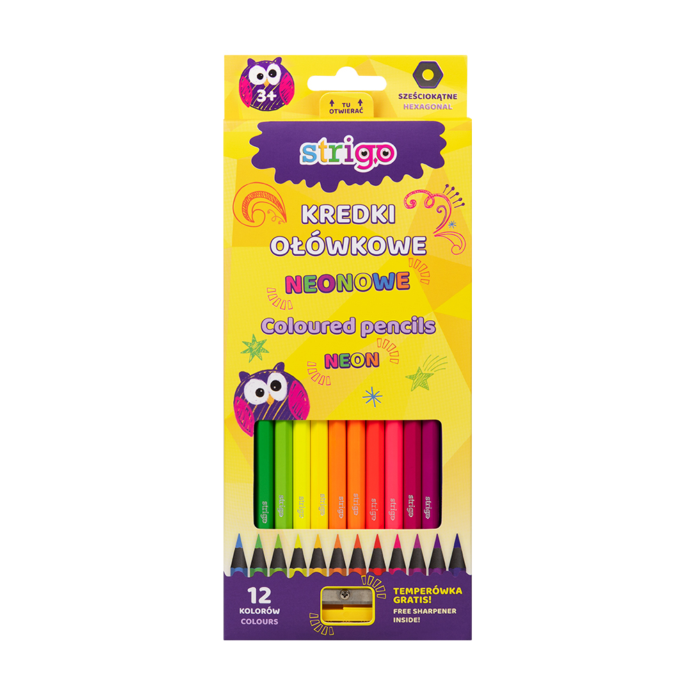 Creioane colorate Strigo Neon cu ascutitoare, 12 culori set