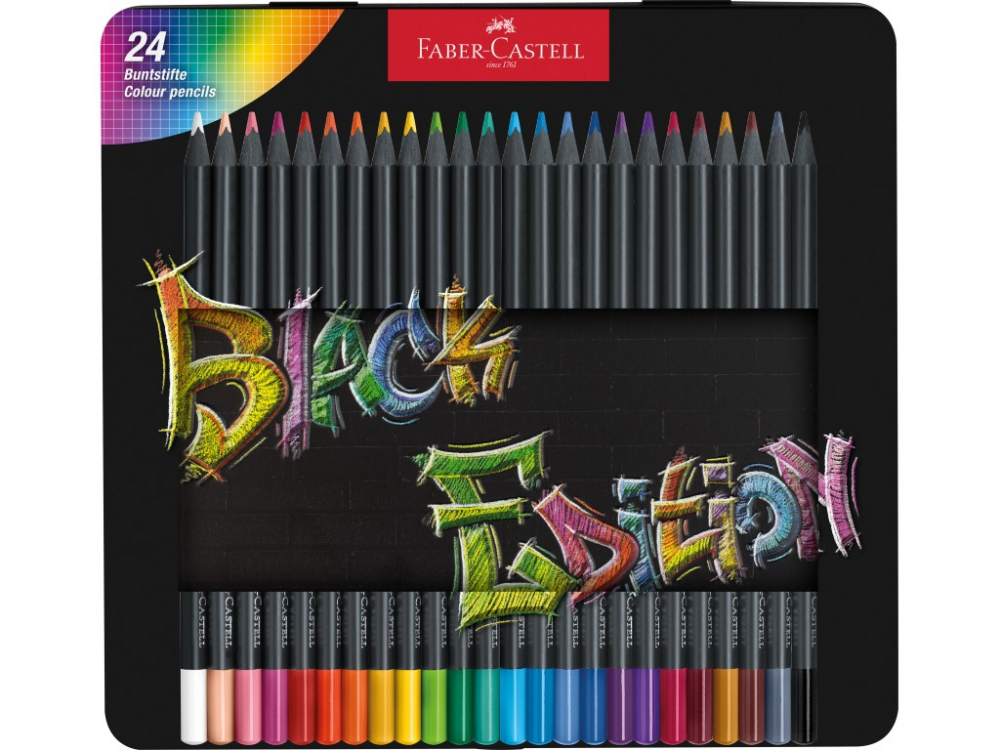 Creioane Black Edition Faber-Castell 24 culori, triunghiulare, cutie metal