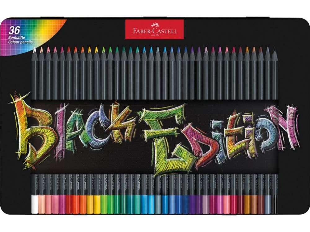 Creioane Black Edition Faber-Castell 36 set, cutie metal, triunghiulare