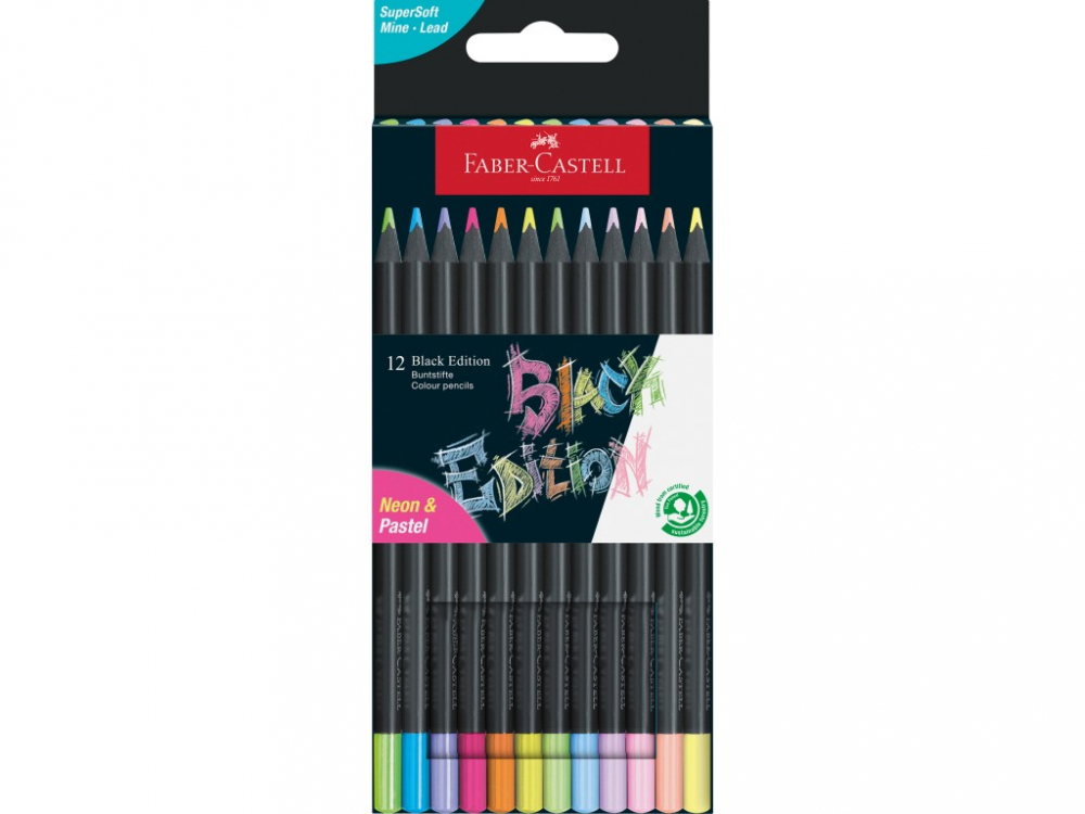 Creioane Black Edition Faber-Castell 12 set, pastel + neon, triunghiulare