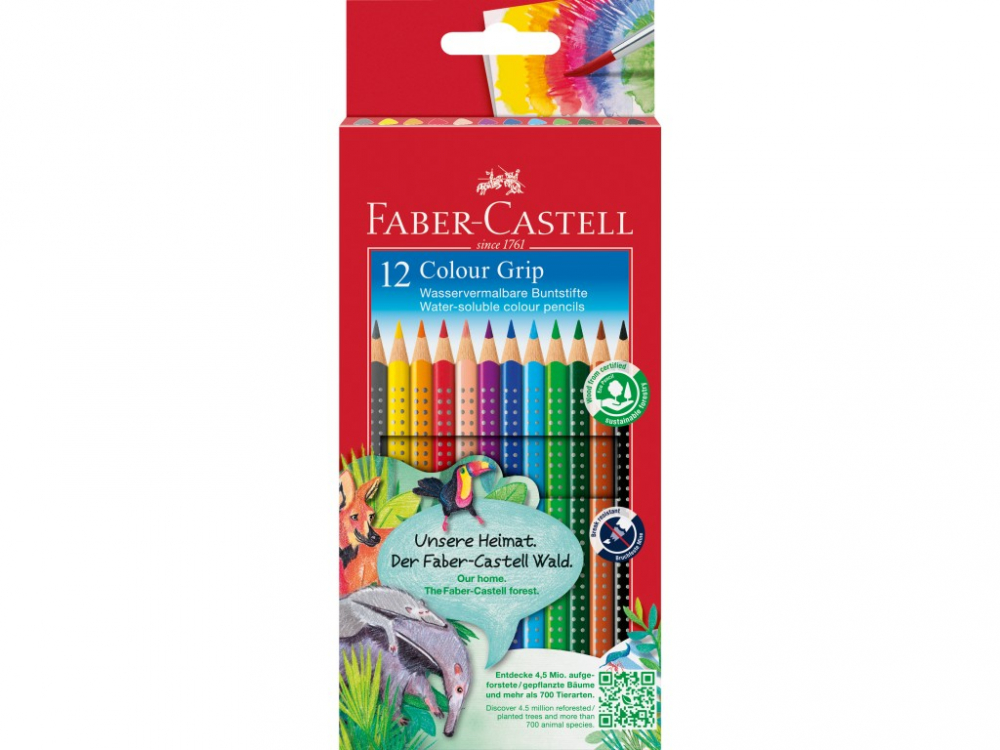 Creioane colorate Faber-Castell Grip 2001, 12 culori, acuarela