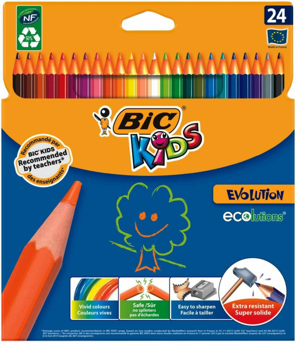 Creioane colorate lungi,extra rezistent,ecolutions,24 culori,Bic Evolution