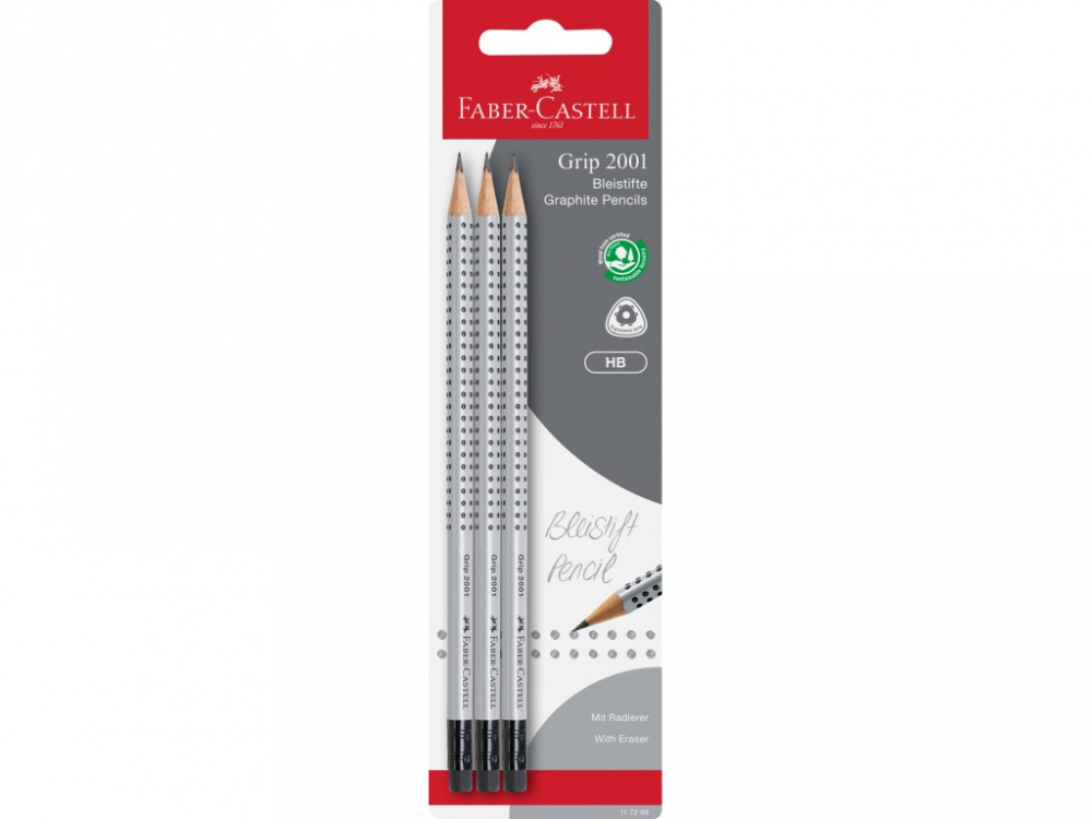 Creion HB cu guma Faber-Castell Grip 2001, 3 buc blister