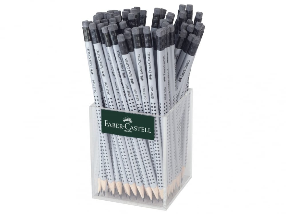 Set 72 creioane HB Grip 2001 Faber-Castell cu guma, pahar plexiglas