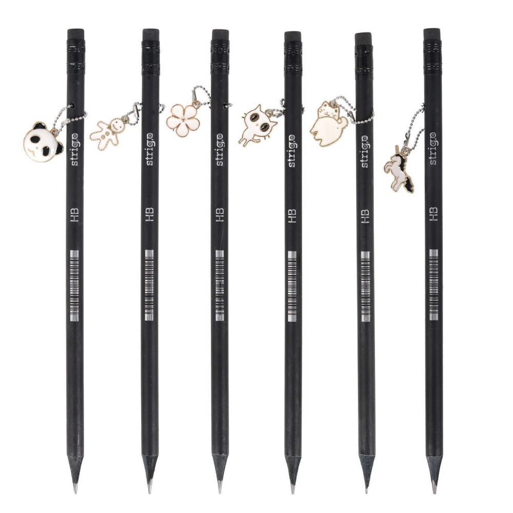 Creion Strigo HB Charms, lemn negru, cu pandantiv decorativ,diverse modele