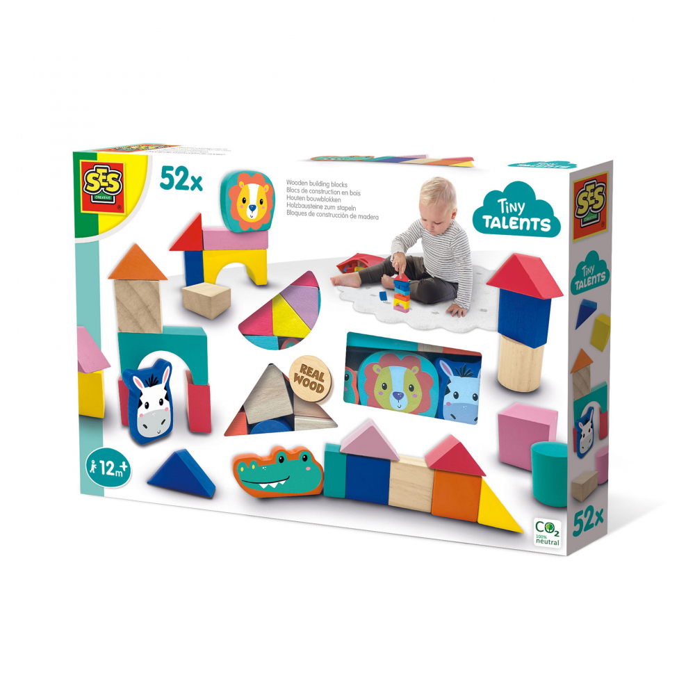 Cuburi din lemn colorate cu animale, set 50 piese pentru constructii