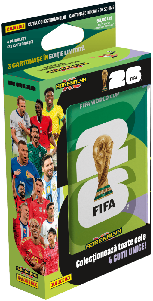 Cutie metalica Pocket Tin, Panini FIFA World Cup Adrenalyn XL 2026 cu 32 cartonase  si 3 carduri