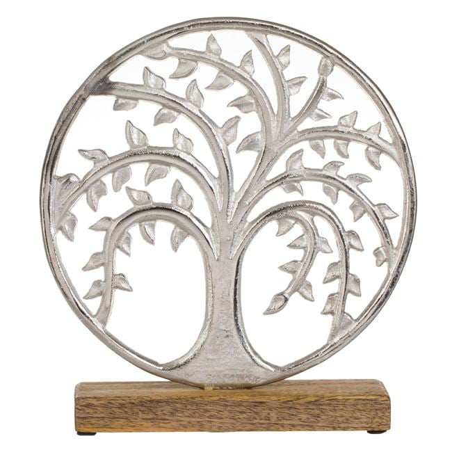 Decoratiune de birou ,   Copac argintiu pe baza din lemn, 24x5x26 cm