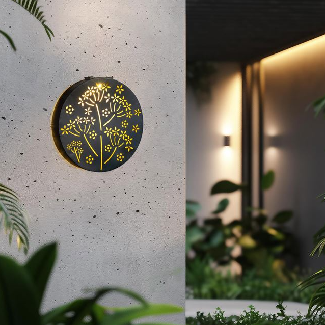 Decoratiune solara metalica neagra cu model flori pentru exterior,Ø25 cm [2]