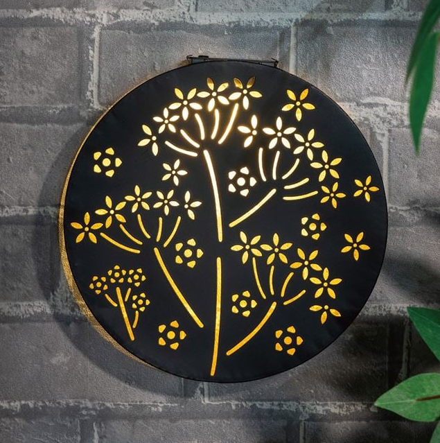 Decoratiune solara metalica neagra cu model flori pentru exterior,Ø25 cm [3]