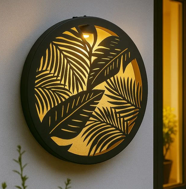 Decoratiune solara metalica neagra cu model frunze,pentru exterior, Ø40 cm [3]