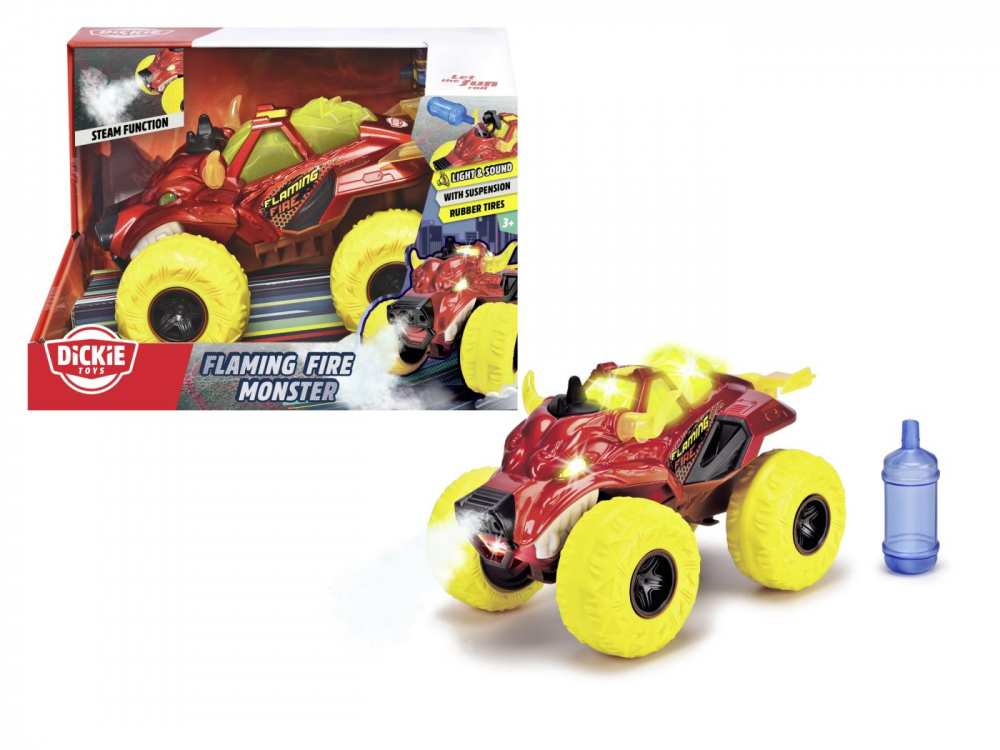 DICKIE MASINA DE TEREN FLAMING FIRE MONSTER CU LUMINI SUNETE SUSPENSII SI FUNCTIE ABUR 25CM [9]