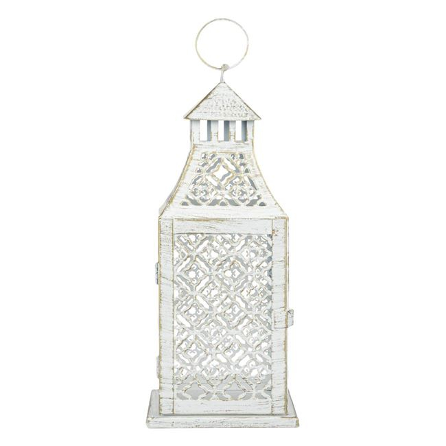 Felinar cu model perforat decorativ cu maner si usa ,metal,alb,12x12x29 cm [2]