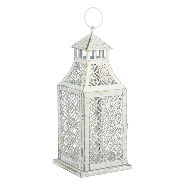 Felinar cu model perforat decorativ cu maner si usa ,metal,alb,12x12x29 cm [3]