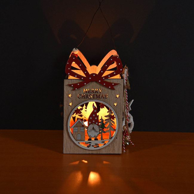 Felinar decorativ cu maner si fundita pentru Craciun,lemn,10.5x10.5x17 cm [2]