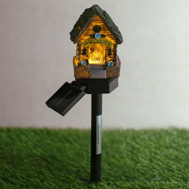 Felinar solar de gradina cu Casuta, LED alb cald, stick negru, 30 cm