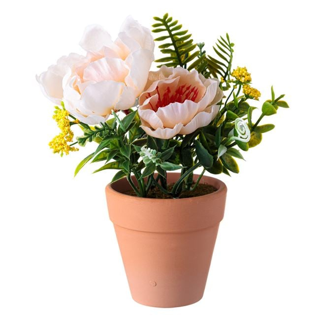 Floare bujor decorativa in ghiveci ceramic,crem,18 cm
